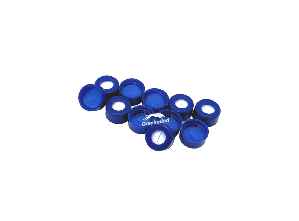 Picture of 9mm Open Top Screw Cap, Blue, with Blue PTFE/White Silicone Septa, Pre-Slit, 1mm, (Shore A 55)
